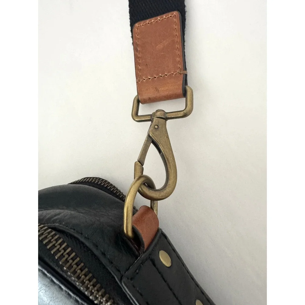 Fossil Defender Briefcase Black Leather Top Handles Crossbody Strap Double Zip